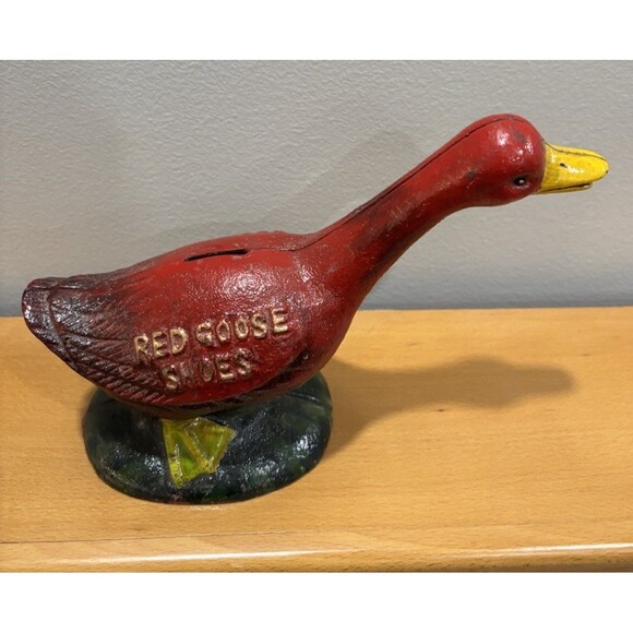 Vintage Red Goose Shoes Advertising Heavy Cast Iron Coin Bank - Picture 2 of 9